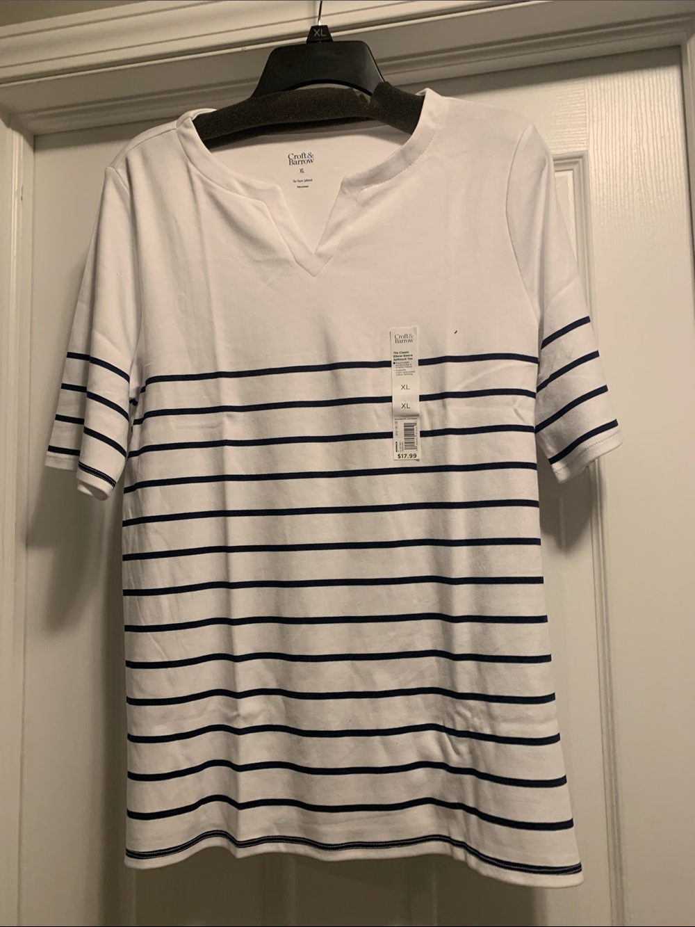 croft & barrow White Short Sleeve Tee with Navy Stripes